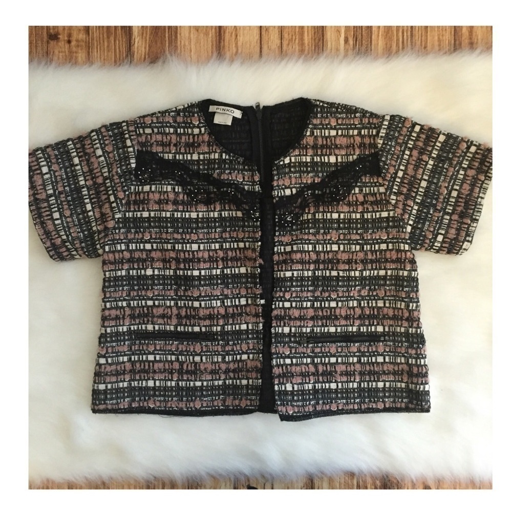 Pinko Italy Tweed Bolero Blazer Jacket Wool Blend Lace Details French Girl Chic - Picture 5 of 11